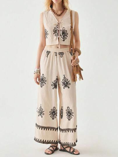 Florisole 法式复古休闲度假麻质面料纯色刺绣复古印花吊带背心上衣和松紧腰阔腿裤女两件套，夏季新款女士度假装