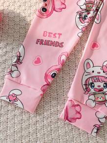 Young Girl Cute Rabbit Print Pink Pajamas Set,Summer Fairy Holiday Family Matching Sleepwear,Short Sleeve Top And Leggings Snug Fit Back To School - Pink - View 5
