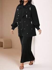 Veilorie Women's Plus Size Tie Up Loose Pearl Tassel Blouse & Wide Leg Pants 2 Pieces Set - Black - View 4