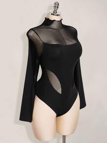 SHEIN ICON 加大码 Y2K 长袖网眼拼接紧身衣，万圣节性感网眼紧身衣，万圣节服装，秋季