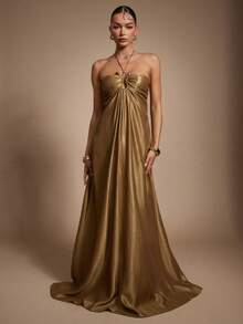 Hauture Vestido maxi de satén dorado para mujer con vestido de noche de verano con estampado frontal - Verde - Ver 5