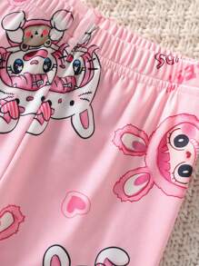 Young Girl Cute Rabbit Print Pink Pajamas Set,Summer Fairy Holiday Family Matching Sleepwear,Short Sleeve Top And Leggings Snug Fit Back To School - Pink - View 3