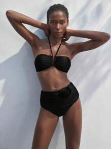 Maija 女士简约纯色褶皱胸围露背系带领花卉装饰比基尼套装，海滩度假装 - 黑色 - 查看 4