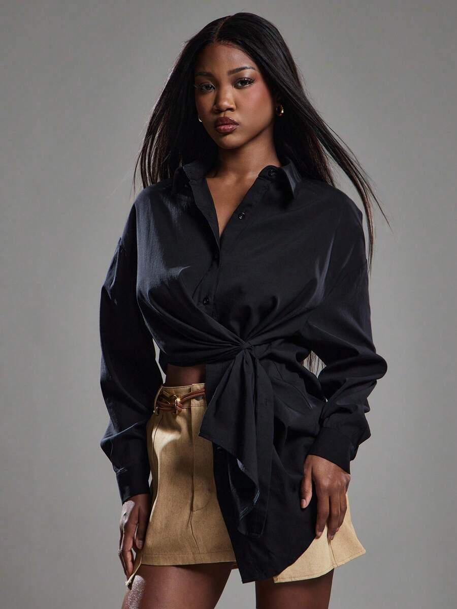 NYA SZN 上衣长袖纽扣领不对称领带细节日常休闲商务装春夏女士商务休闲上衣 - 黑色 - 查看 1