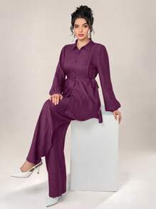 Mulvari Women 2pcs Set Front Button Long Sleeve Casual Blouse And Trousers 2 Pieces Set Modest Fall Cloth For Women - Hot Pink - View 5