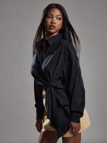 NYA SZN 上衣长袖纽扣领不对称领带细节日常休闲商务装春夏女士商务休闲上衣 - 黑色 - 查看 4