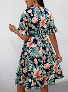 SHEIN LUNE Women's Casual Tropical Print Dress - Royal Blue - View 2