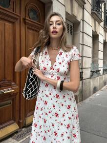 Chiquease Rose Floral V-Neck Short Sleeve High Waist A-Line Dress Summer Dress Clothes For University - White - View 3