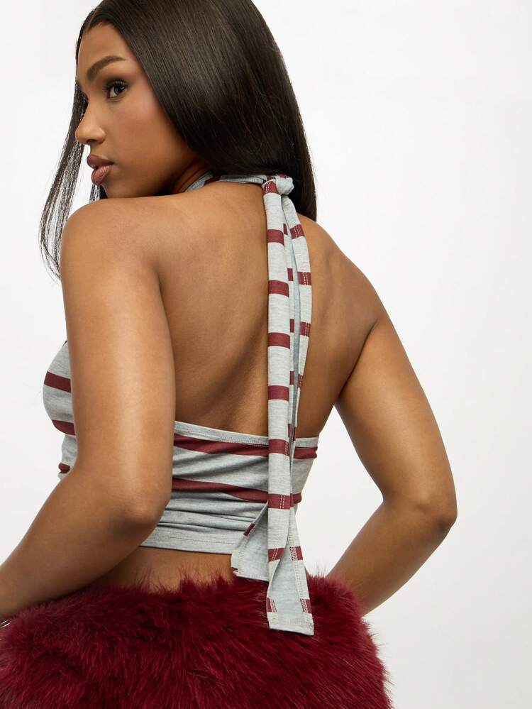 SUMWON WOMEN Striped Halter Neck Crop Top With Twist Design