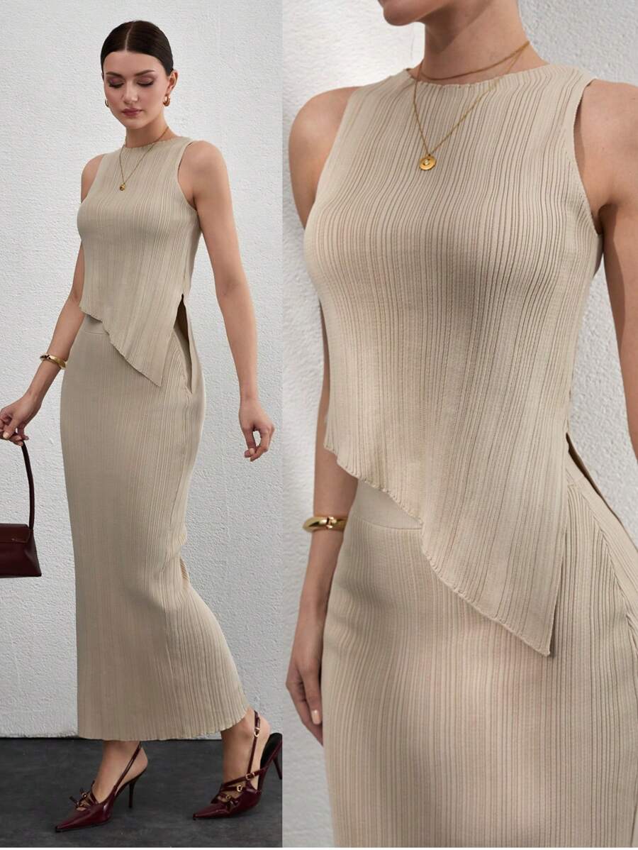 CLARA VERO Áo len dệt kim cổ tròn không tay mềm mại cho nữ và váy len dệt kim ôm sát midi 2 món phối hợp thanh lịch - Màu be - Xem 1