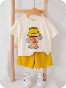 SHEIN 2pcs Baby Boys' Casual Summer Outfit Set - Letter Graphic Short Sleeve Top And Elastic Waist Shorts Yellow Baby Outfit - Multicolor - View 1