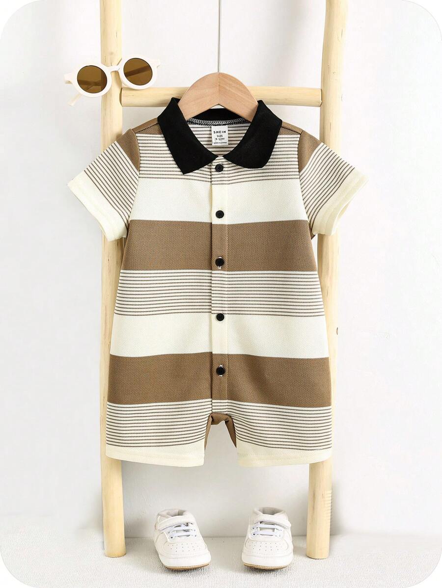 SHEIN Pelele de manga corta con rayas tejido adorable para bebé recién nacido niño, adecuado para fiesta de cumpleaños, fiesta de noche, actuación, boda, celebración del mes, bautizo y baby shower del primer cumpleaños, verano