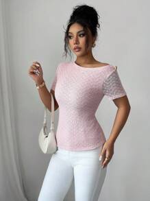 Elenzga Women's Pastel Color Jacquard Lace Asymmetrical Neckline Metal Buckle Decor Short Sleeve T-Shirt - Pink - View 5
