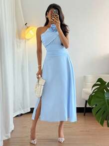 Chiquease 1 件肩部装饰 3D 花丝带连衣裙 - 藍色 - 查看 6