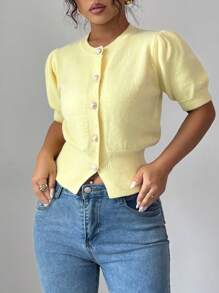 Elenzga Summer Vacation Yellow Pearl Button Puff Sleeve Cardigan - Yellow - View 6