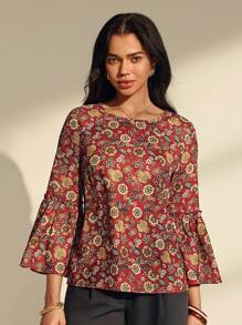 Chiquease 女式优雅印花休闲宽松衬衫 - 酒紅色 - 查看 4