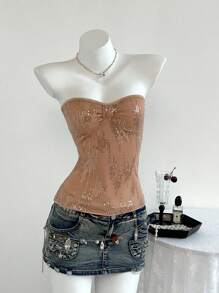 SHEIN Unity Top corta con bandeau fruncida con lazo de lentejuelas - Champán - Ver 1