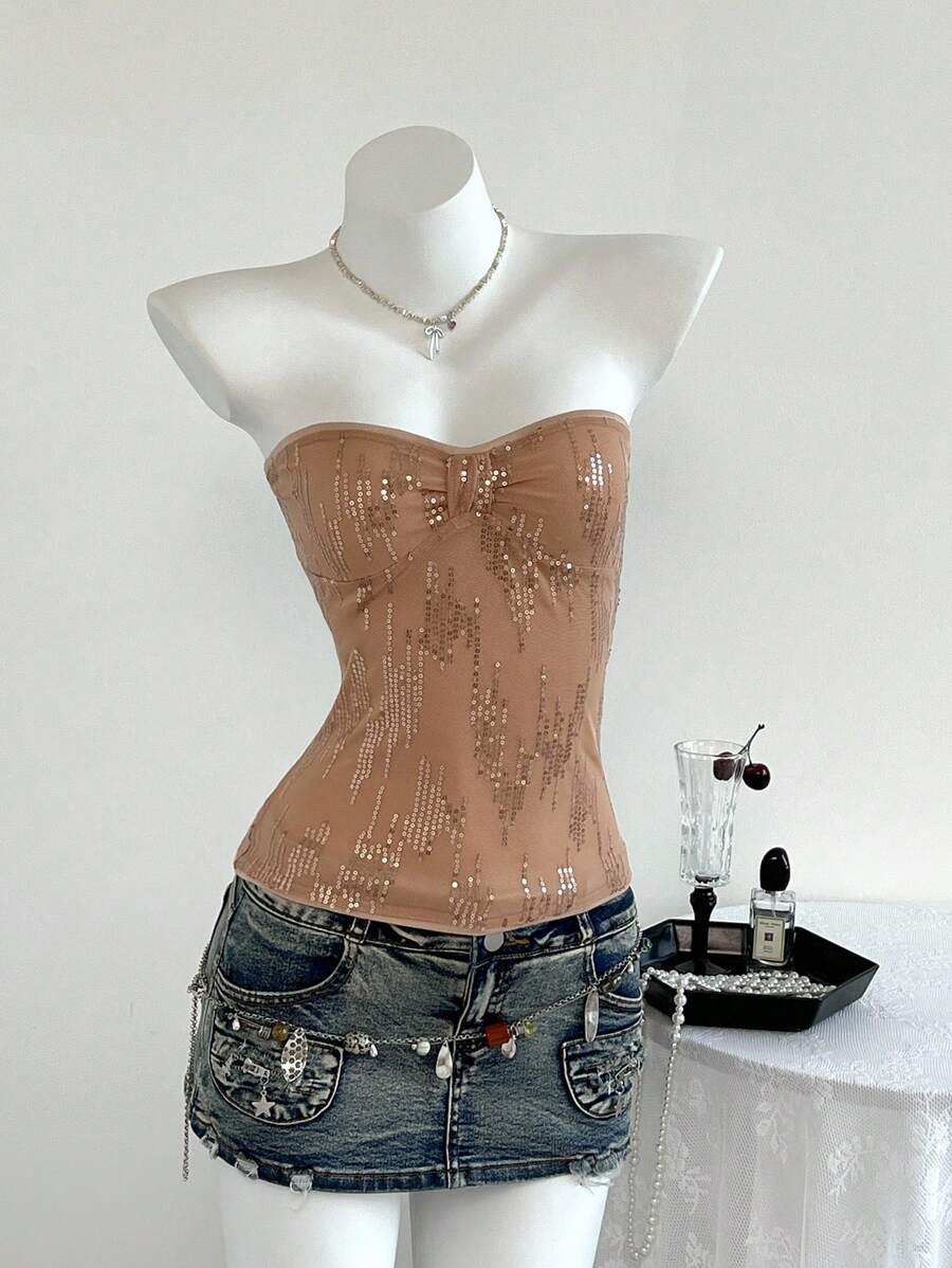 SHEIN Unity Top corta con bandeau fruncida con lazo de lentejuelas - Champán - Ver 1