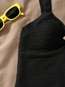 SHEIN LUNE Soleia Vacation V 领花卉金属扣白色针织纹理修身女式背心，适合度假、音乐节、波西米亚风格、节假日、下午茶约会 - 黑色 - 查看 4