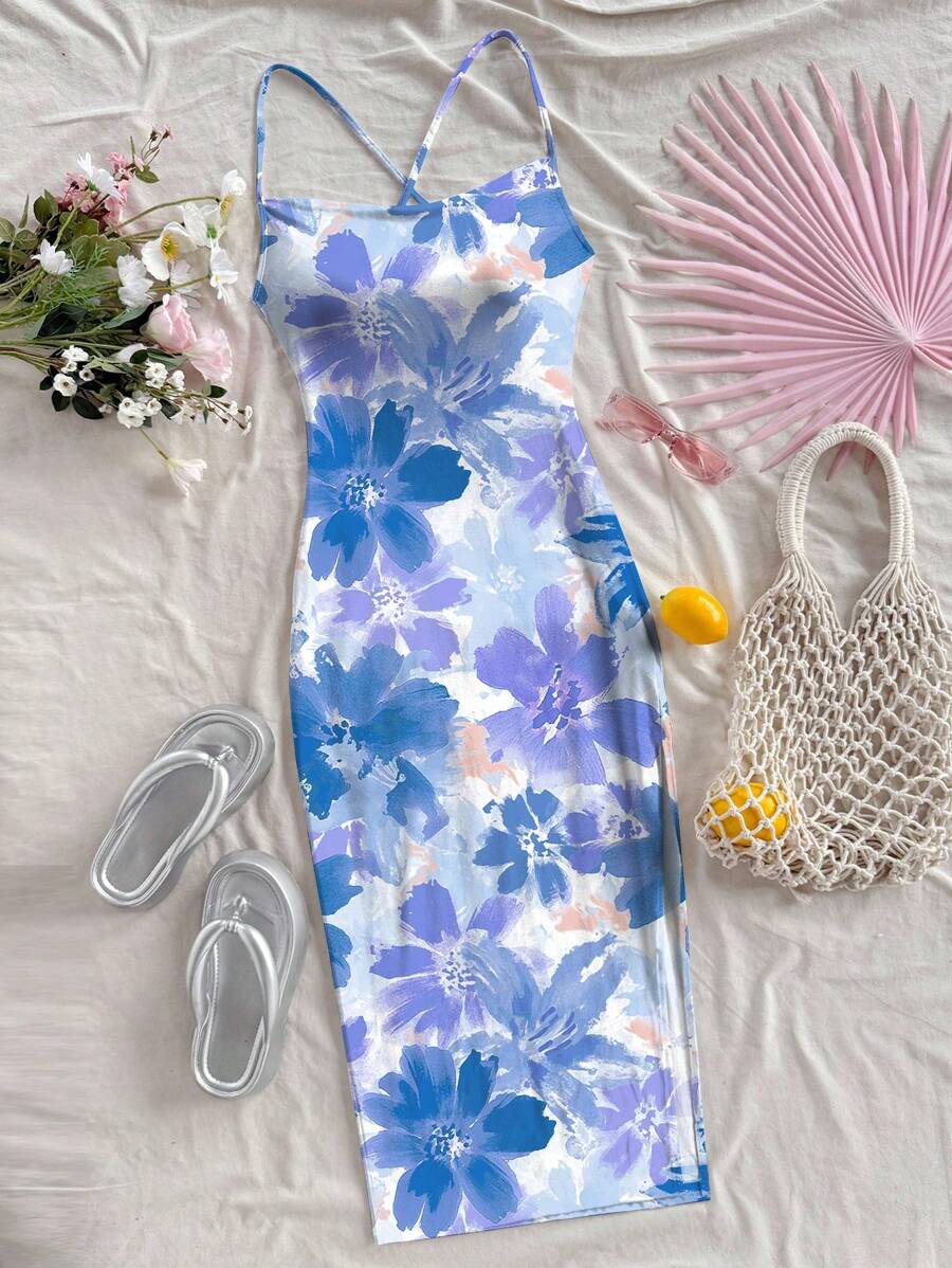 Soleia 女士休闲度假印花吊带连衣裙 - 藍色 - 查看 1