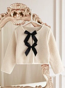 SHEIN Back To School Fall Clothes Young Girl Autumn/Winter New Arrival Minimalist Korean Style White Bow Design Curly Plush Fabric Versatile Elegant Fashion Jacket - White - View 4