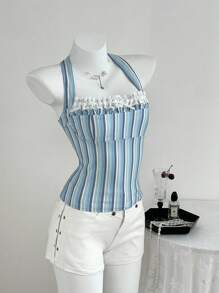 Elamini Striped Contrast Color Drawstring Ruffle Tie Neck Pleated Bodycon Tank Top