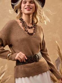 Bóhologie 女式柔软针织 V 领毛衣，带闪亮水钻细节 - 驼棕色、套头衫、毛衣、冬装、秋季、秋装、上衣 - 摩卡棕 - 查看 4