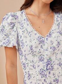 WESTFADE Floral Print Eyelet V Neck Button Front Fit Short Puff Sleeve Back Cut Out Fit & Flare Mini Sun Dress Summer Outfits For Women