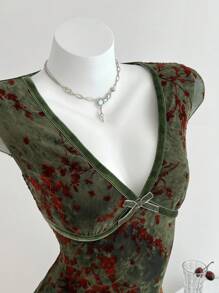 SHEIN Unity Váy ngắn tay cổ chữ V phối lưới thời trang thường ngày dành cho nữ, mùa hè - Nhiều màu - Xem 5