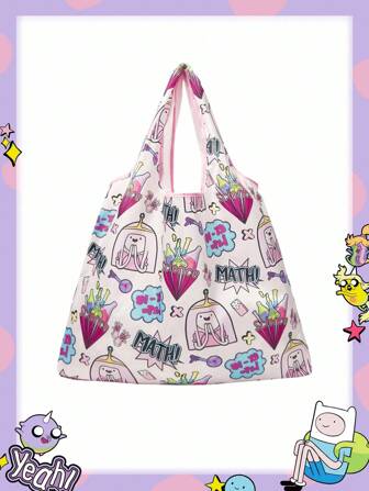 Adventure Time X ROMWE Bolso de compras plegable de gran capacidad con monedero, reversible y con estampado de dibujos animados para la playa