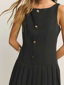 Nöista 女式时尚优雅单排扣褶裥无袖迷你连衣裙 - 黑色 - 查看 5