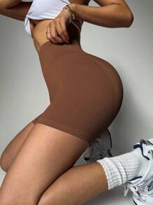 Easithlete 无缝高弹力运动短裤，适合瑜伽和运动女士运动短裤、健身短裤、骑行短裤 - 咖啡棕 - 查看 4