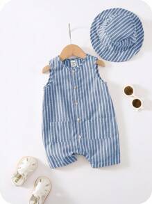 SHEIN 2 件套男婴/女婴夏季彩色条纹无袖连体衣和短裤，配渔夫帽，休闲百搭服装，适合旅行和度假 - 藍白色 - 查看 3