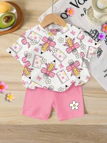SHEIN Vintaside Kids 女童幼儿铅笔、蝴蝶结、花卉印花圆领短袖 T 恤和粉色针织紧身短裤可爱两件套，夏季返校 - 彩色 - 查看 1