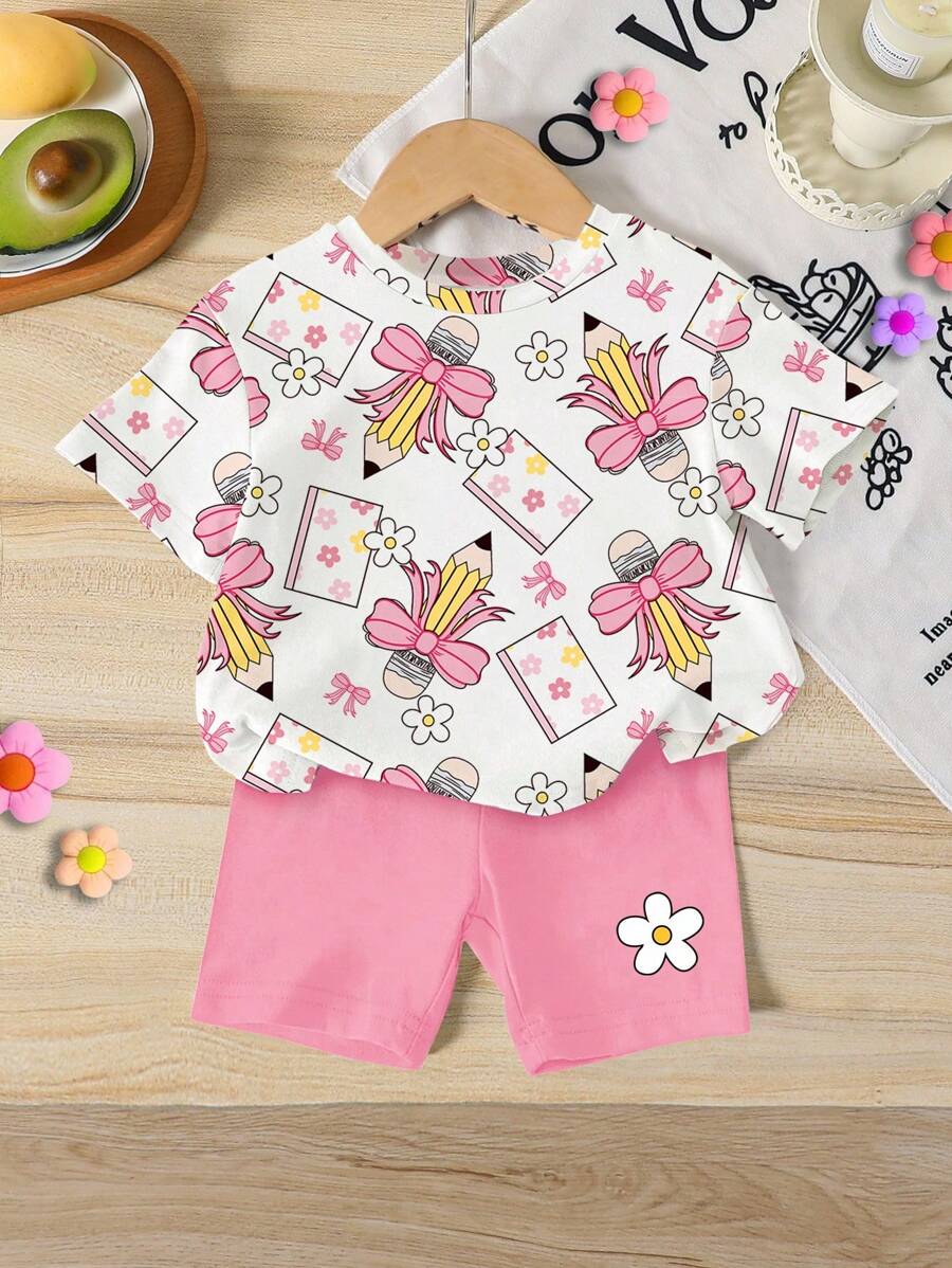 SHEIN Vintaside Kids 女童幼儿铅笔、蝴蝶结、花卉印花圆领短袖 T 恤和粉色针织紧身短裤可爱两件套，夏季返校 - 彩色 - 查看 1