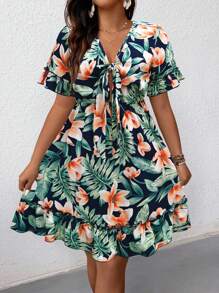 SHEIN LUNE Women's Casual Tropical Print Dress - Royal Blue - View 4