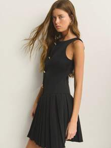 Nöista 女式时尚优雅单排扣褶裥无袖迷你连衣裙 - 黑色 - 查看 1