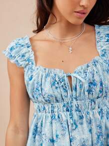 WESTFADE 乡村花卉印花孔眼甜心领蝴蝶结前部锁孔镂空泡泡袖修身喇叭形 A 字形太阳裙乡村夏季女士服装海滩度假服装 - 藍色 - 查看 4