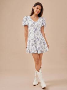 WESTFADE Floral Print Eyelet V Neck Button Front Fit Short Puff Sleeve Back Cut Out Fit & Flare Mini Sun Dress Summer Outfits For Women