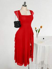 SHEIN ICON 加大码方领荷叶边修身连衣裙，适合婚礼、派对、婚礼宾客、浪漫春季装扮 - 紅色 - 查看 6