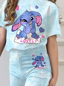 SHEIN 2 件套可爱卡通蓝色兔子露露，针迹图案，扎染天蓝色青少年女孩休闲简约短袖圆领 T 恤和喇叭裤套装，夏季服装，轻松舒适，儿童秋季分层，时尚儿童，休闲装，儿童图案服装，返校，秋季服装，返校节 - 淺藍色 - 查看 3