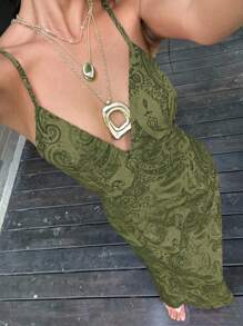 SHEIN Unity 佩斯利印花 V 领露背系带纽扣设计长裙 - 綠色 - 查看 7