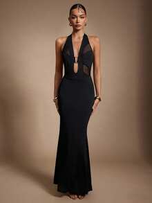 Hauture 女士性感露背镂空网眼连体衣，金色装饰，适合派对穿着 - 黑色 - 查看 5