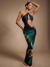 Hauture Vestido de malla con estampado de cuello de Halter abstracto y dramático con efecto de pico, con decoración de metal dorado para mujer