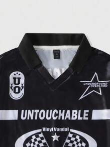 ROMWE MEN Prep Men's Letter & Pentagram Print Short Sleeve Casual Sports Polo Shirt