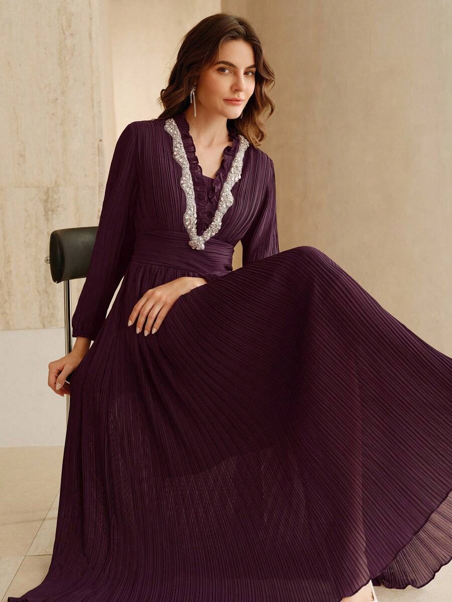 Anewsta Váy dài màu tím thanh lịch dành cho nữ đính đá pha lê ngọc trai, váy dạ hội cao cấp cho tiệc/sự kiện, mùa thu/đông - Màu tím - Xem 1
