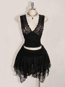 SHEIN ICON Váy ren lưới chắp vá eo nhún gợi cảm cỡ lớn viền bất đối xứng - màu đen - Xem 7