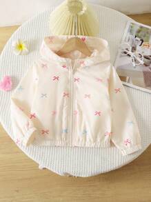 Young Girl Casual Everyday Bow Print Zip-Up Hooded Jacket Fall Winter - Multicolor - View 1