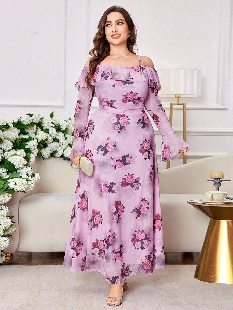 Modelyn 大码女式荷叶边露肩喇叭袖紧身花卉印花优雅浪漫度假长裙 - 彩色 - 查看 1