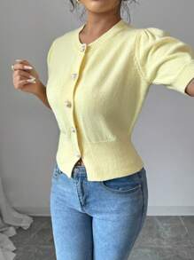 Elenzga Summer Vacation Yellow Pearl Button Puff Sleeve Cardigan - Yellow - View 4